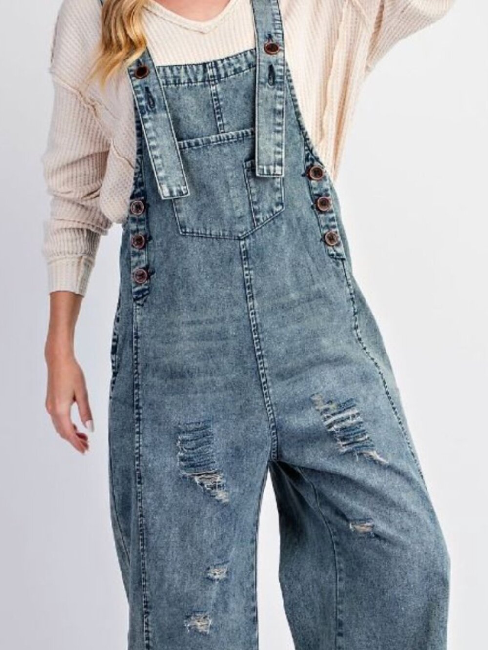 Easel Washed Denim Loose Fit Overalls - Picture 2 of 5